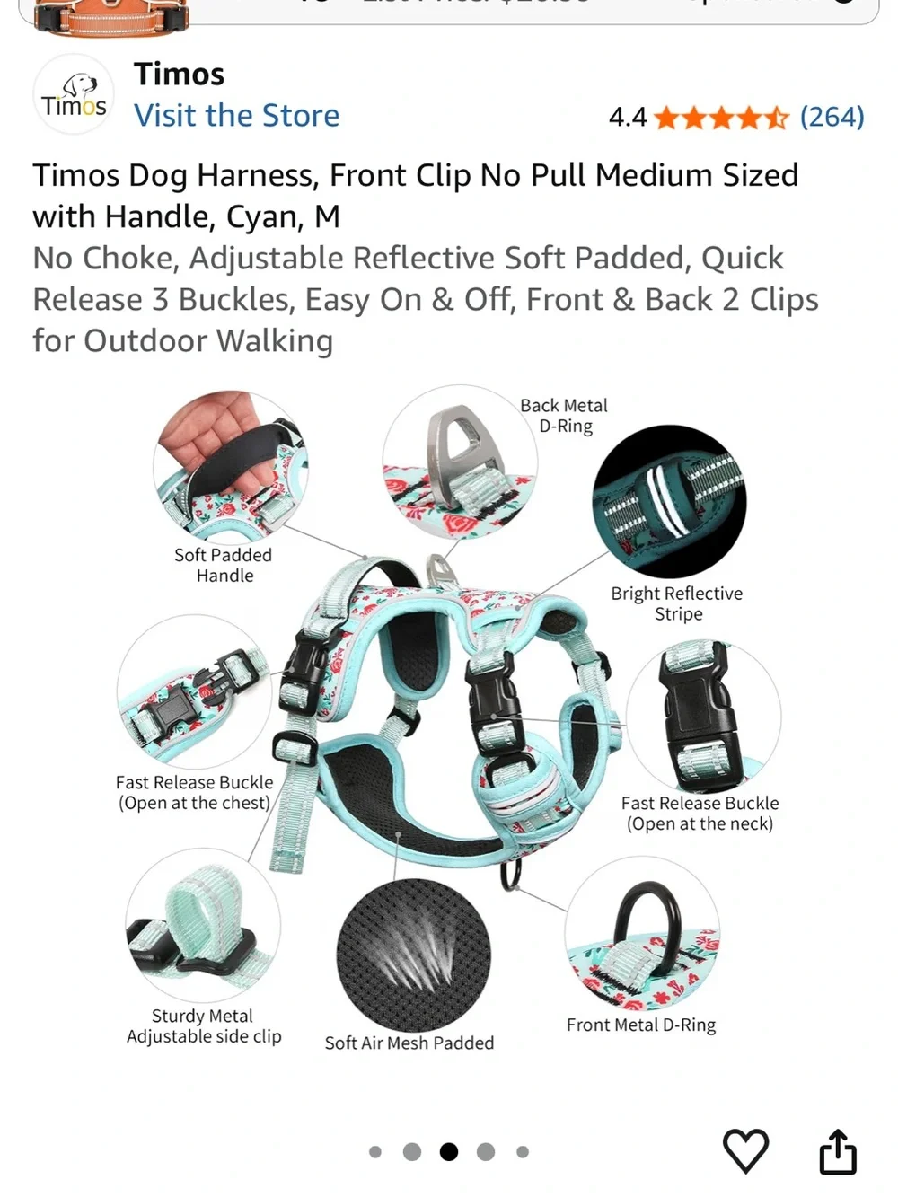 No-Pull Dog Harness with Handle - Cyan Floral